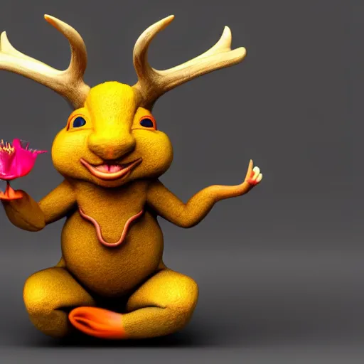 Prompt: 3 d render, ancient antler deity, yellow rat pig, holding a red orchid, laughing, brightly lit room