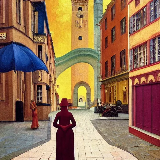 Image similar to a woman in a medieval city, hyperrealistic film still by edward hopper, by gottfried helnwein, by klimt, by paolo uccello, by johfra bosschart, art nouveau, highly detailed, strong lights, liminal, eerie, symbolist, bright pastel colors