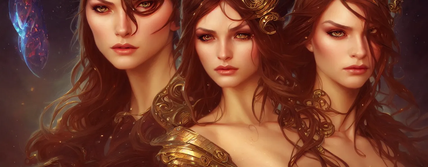 Image similar to fantasy magic woman portrait, sci-fi, amber eyes, face, long hair, fantasy, intricate, elegant, highly detailed, digital painting, artstation, concept art, smooth, sharp focus, illustration, art by artgerm and greg rutkowski and alphonse mucha