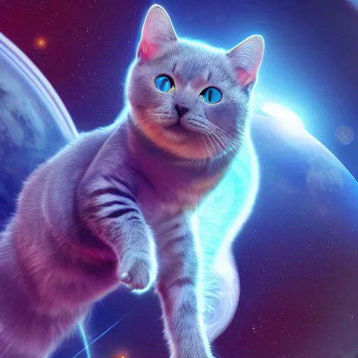 Image similar to A cat with beautiful blue eyes in a space suit jumping over the Saturn planet, digital illustration, concept art, 8k, trending on artstation, highly detailed