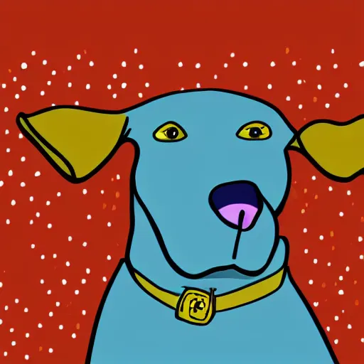 Prompt: yellow dog with blue nose and red hair and brown spots, cartoon illustration