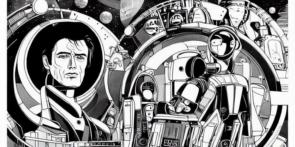 Image similar to traditional drawn colorful animation a symmetrical portrait of lonely single Alain Delon Stallone Clint Eastwood alone pilot in posing in robot platform deck wheelhouse spaceship station planet captain bridge outer worlds robots extraterrestrial hyper contrast well drawn Metal Hurlant Pilote and Pif in Jean Henri Gaston Giraud animation film The Masters of Time FANTASTIC PLANET La planète sauvage animation by René Laloux