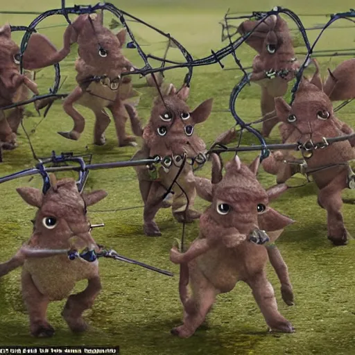 Image similar to a band of little horned creatures with weapons and nets and traps looking menacingly