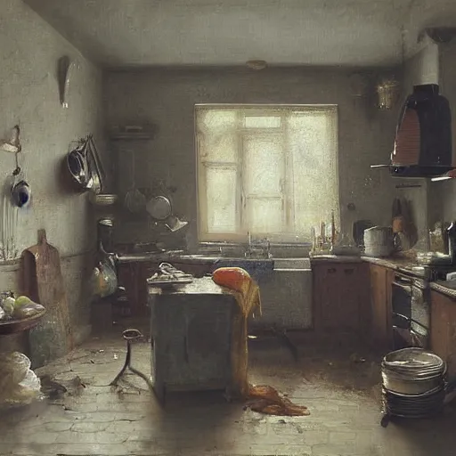 Prompt: a messy kitchen by aertsen pieter