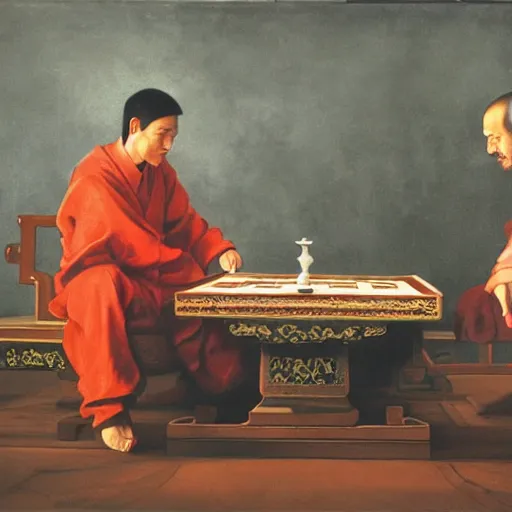 Prompt: Caesar and Steve Jobs playing Go in the ancient Chinese palace , oil painting, 4k,