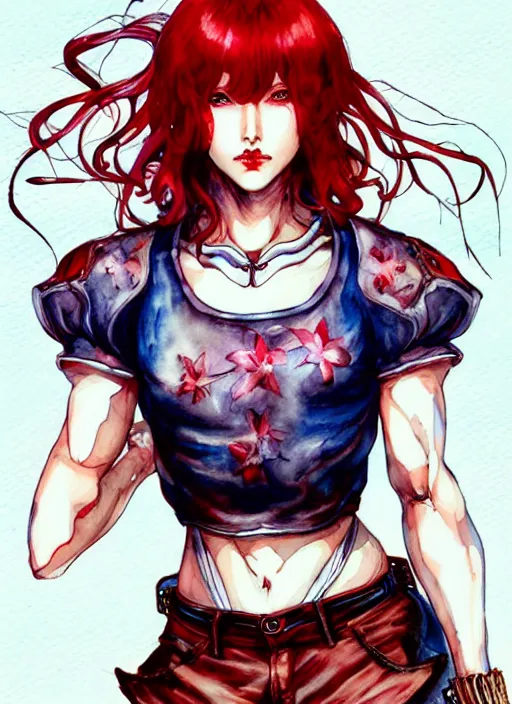 Prompt: fullbody!! ayami kojima lineart, watercolour, gorgeous girl symmetrical face, short red hair, crop top, shorts, dynamic action pose, hyper detailed, character concept, intricate, elegant, digital painting, artstation, smooth, sharp focus