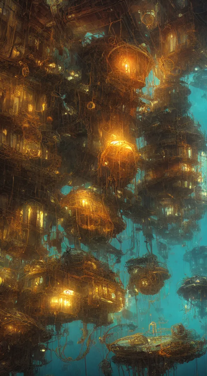 Prompt: underwater buildings that resembles steampunk man o war jellyfish, james gurney, thomas kinkade, cinematic lighting, artstation, vibrant nature, tuomas korpi, tekkon kinreet, volumetric light, artstation, octane render, redshift render, low angle camera, rich deep moody colors