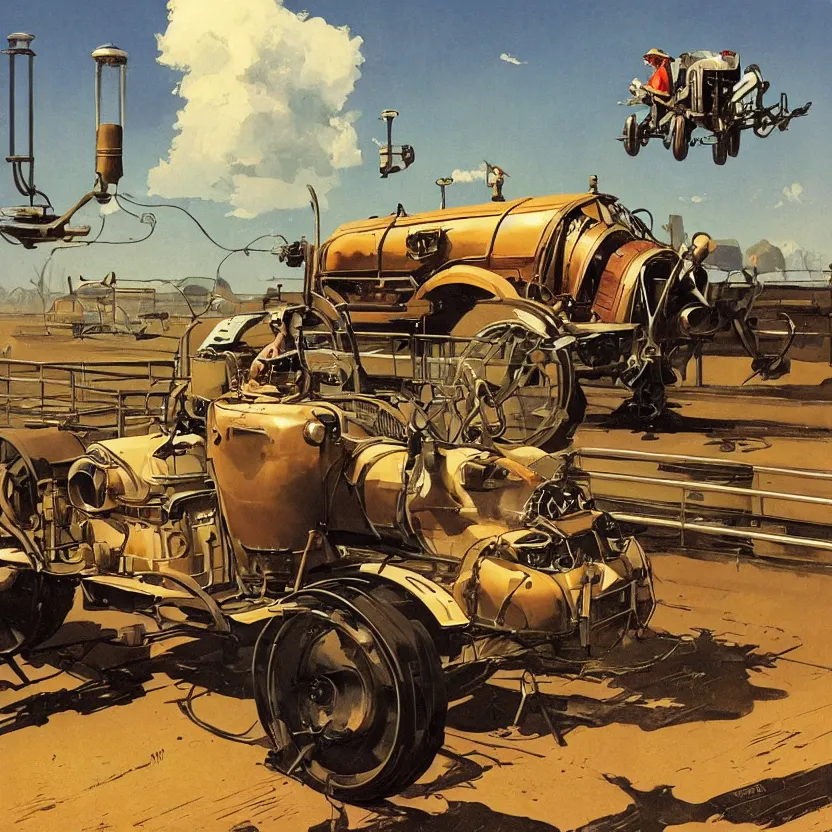 Prompt: a woman driving a flying steampunk retrofuturistic tractor on farm, by syd mead and norman rockwell. highly detailed digital art. retrofuturism. beautiful lighting. trending on artstation.