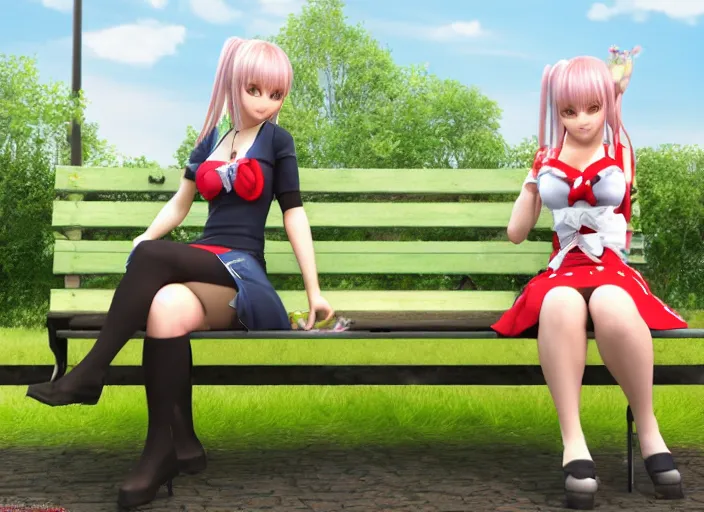 Prompt: 3D render of Marie Rose from Dead or Alive sitting on a park bench