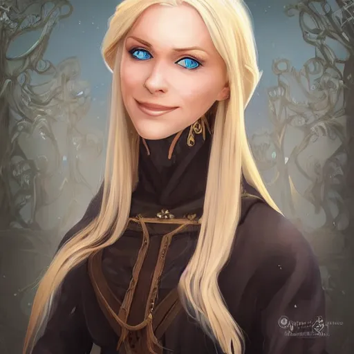 Prompt: portrait, 30 years old women :: fantasy :: blue eyes, long straight blonde hair, beeing happy, smiling :: attractive, symmetric face :: detailed woven brown medieval clothing, natural materials :: high detail, digital art, RPG, concept art, illustration