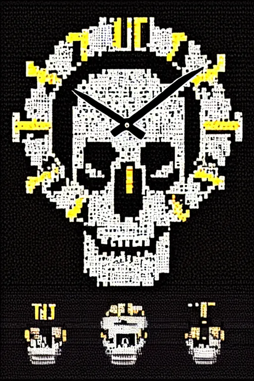 Image similar to scary skull clocks, animated in 8 bit 9 0's