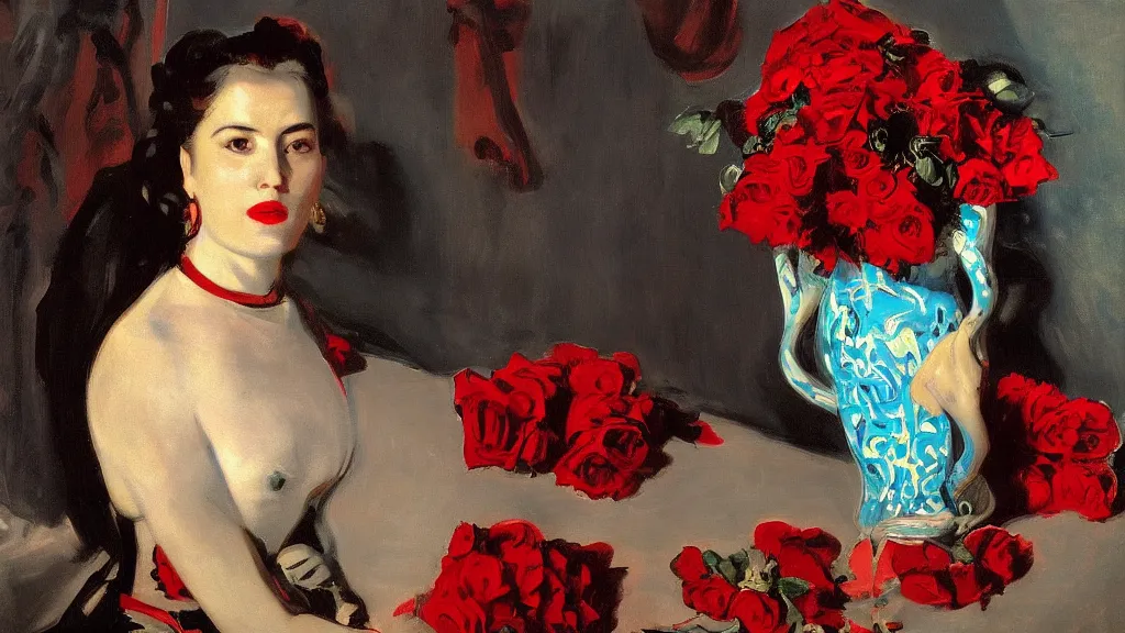 Image similar to portrait of rebekah delrio in lynch pattern, big persian detailed pot of red roses, blue and red lights painted by john singer sargent