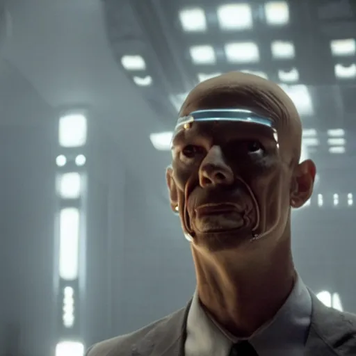 Image similar to movie still of a villain cyborg, facial expression, cinematic composition, cinematic light, surreal cinema, by edgar wright and david lynch,