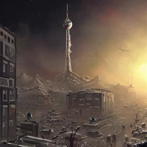 Image similar to It’s crowded on the streets of Russian commie blocks on the Moon city, Norilsk, sci-fi, fantasy, earth seen on the dark sky, intricate, very very beautiful, elegant, highly detailed composition, digital rendering, artstation, concept art, smooth, sharp focus, illustration, art by artgerm and greg rutkowski and alphonse mucha