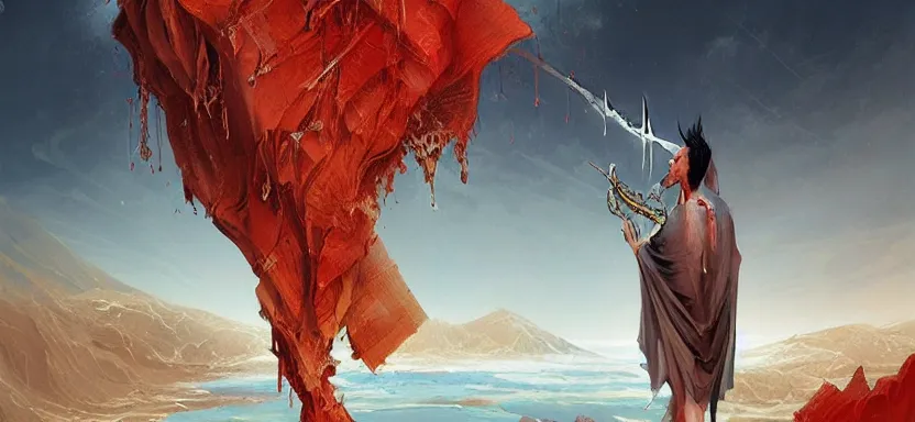 Image similar to sacred man vampire, red sea, sword attack, acanthus scroll, ceremonial clouds, dripping paint, fibonacci rhythm, artstation, art germ, wlop, karol bak, christopher balaskas, ross tran