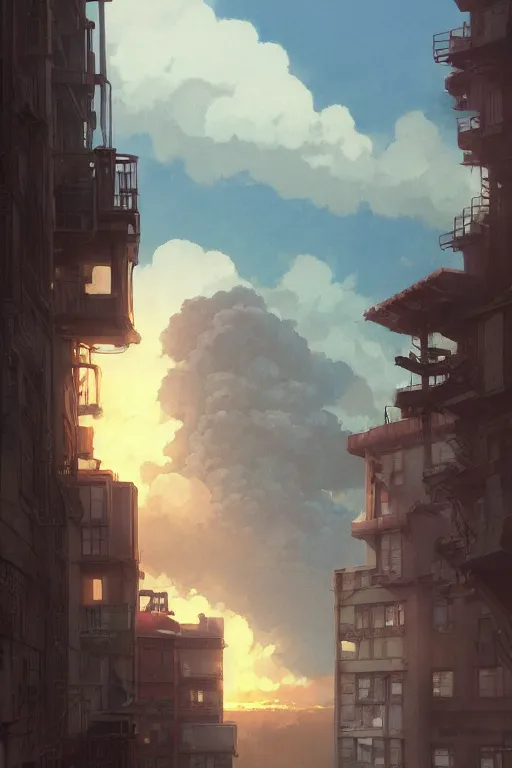 Image similar to a highly detailed matte painting of a man looking out window watching a nuclear explosion in the distance by studio ghibli, makoto shinkai, by artgerm, by wlop, by greg rutkowski, volumetric lighting, octane render, 4 k resolution, trending on artstation, masterpiece