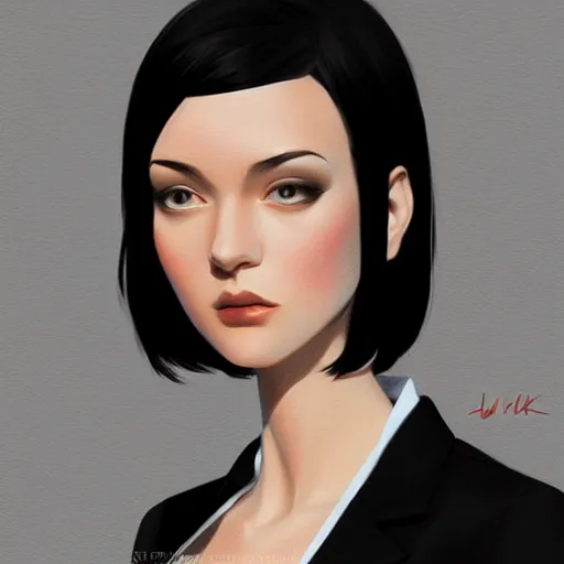 Image similar to slim girl in tuxedo with short black hair, elegant, 2d, ultra highly detailed, digital painting, smooth, sharp focus, artstation, portrait art by Ilya Kuvshinov