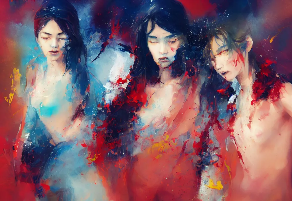 Prompt: full body portrait of a duo of 1 9 years old girl figures, messy hair, oriental tattoos, jewelry, subjects wearing savile row menswear, beautiful, dramatic, cinematic lighting, phtalo blue, lemon, fire red, few vivid pink highlights, visible brushstrokes, by ross tran and jeremy mann and guweiz, oil on canvas, artstation, pixiv