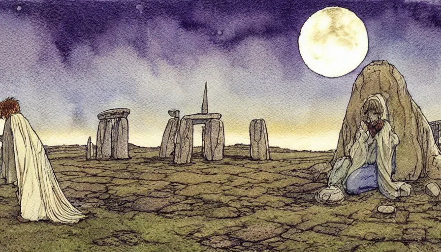 Image similar to a realistic and atmospheric watercolour fantasy concept art of a golden ufo landing in stonehenge. a giant medieval monk in grey robes on his knees praying. a crescent moon in the sky. muted colors. by rebecca guay, michael kaluta, charles vess and jean moebius giraud