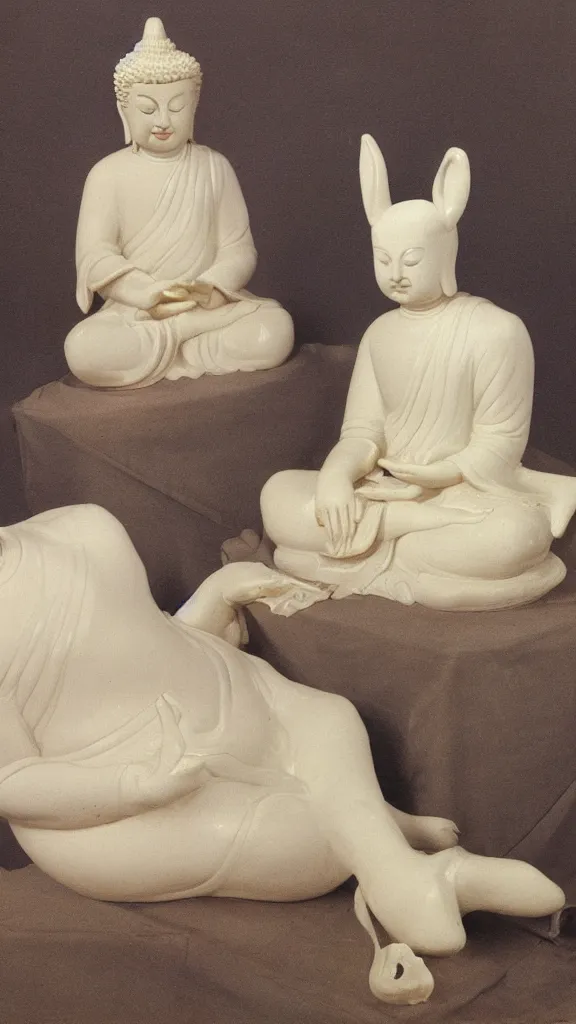 Prompt: porcelain budda statue having rabbit ears painted by john singer sargent