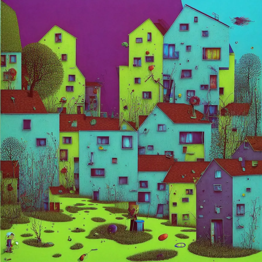Image similar to surreal glimpse into other universe, 2 houses by morphosis, summer morning, very coherent and colorful high contrast, art by!!!! gediminas pranckevicius!!!!, geof darrow, floralpunk screen printing woodblock, dark shadows, hard lighting, stipple brush technique,