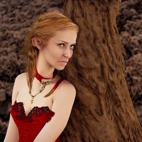 Image similar to Portrait of a young half elven woman with a beautiful red dress, lots of jewelry, Blonde long hair. freckels in hee face. Desert Hills in the background. Sharp Image. Detailed digital art.