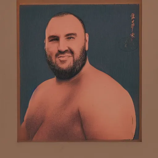 Prompt: brian houston of hillsong as a sumo wrestler in the style of a 1 9 6 0 s vintage portrait, pastel background