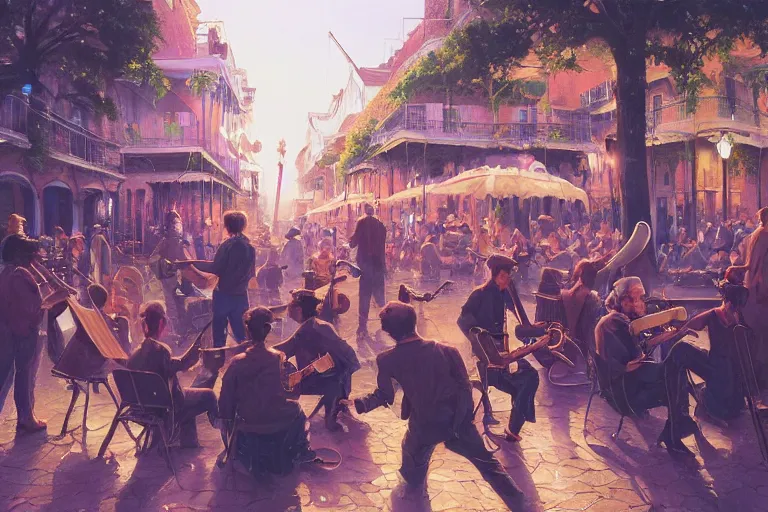 Prompt: a painting of a group of men playing instruments, a jazz band in new orleans, fantasy art by greg rutkowski, loish, rhads, ferdinand knab, makoto shinkai and lois van baarle, ilya kuvshinov, rossdraws, tom bagshaw, global illumination, radiant light, detailed and intricate environment, vibrant, magical