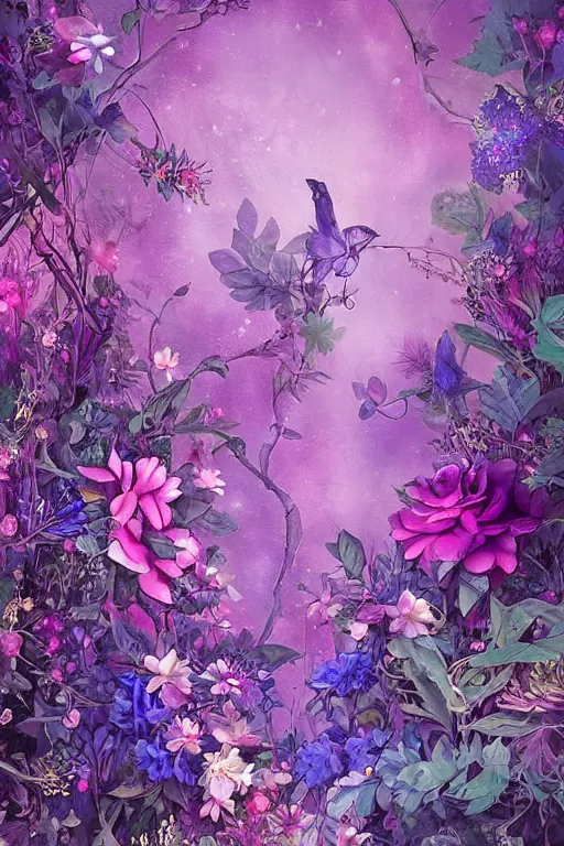 Prompt: beautiful digital matte whimsical painting of whimsical botanical illustration purple and blue flowers enchanted bokeh pink background, dark contrast by android jones,