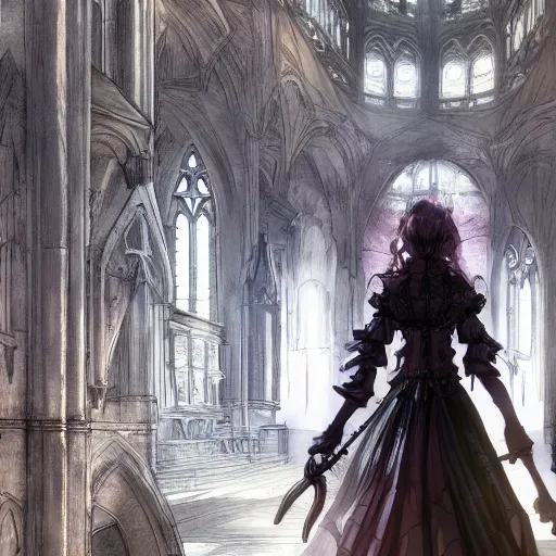 Image similar to goth woman standing in a church, color page, tankoban, 4 k, tone mapping, akihiko yoshida, james jean andrei riabovitchev marc simonetti, yoshitaka amano, long hair, curly, h. hydrochaeri