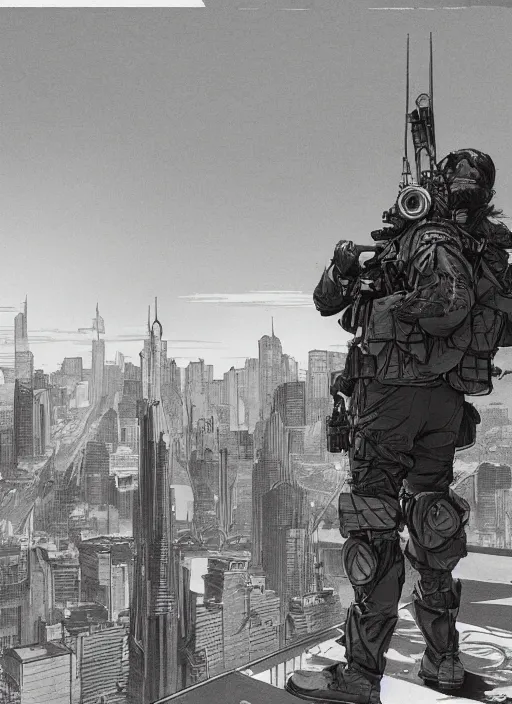 Image similar to Dinah. USN special forces operator looking at city skyline. Futuristic gear. mgs and rb6s Concept art by James Gurney and Alphonso Mucha.