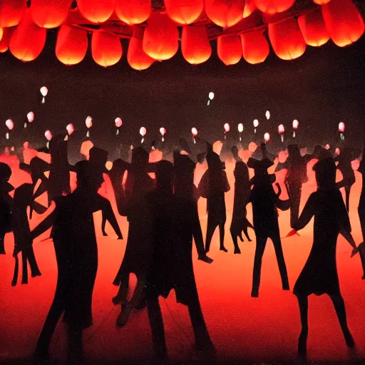 Prompt: a tiny dark black night club with a few red chinese lanterns, people's silhouettes close up, people dancing, surrealism