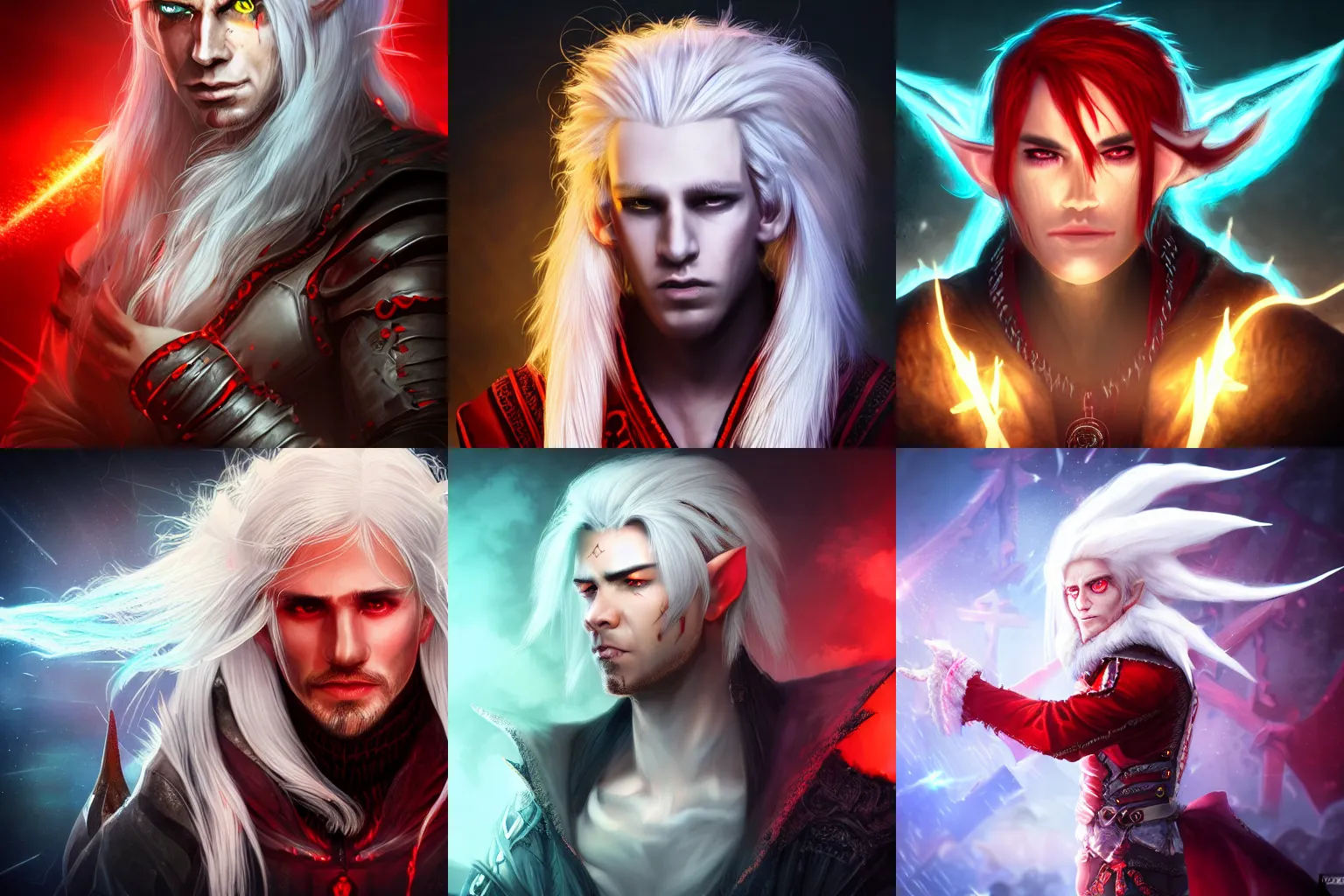 Prompt: a necromancer character, male face game portrait, long white hair, spiky elf ears, ultra HD, ambient light background with particles, rim light on character, toned colours, red clothes, light skin, Super detailed