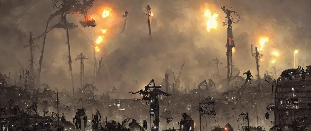 Image similar to war of the worlds, giant mech attack paris, human soldiers, intense fighting, glowing lights!! digital painting, very detailed, art by jakub rozalski