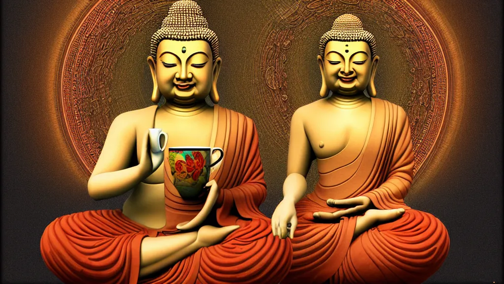 Prompt: a hyperdetailed painting of a happy buddha sitting on a lotus in deep meditation, one hand on his knee and the other hand holding a comically large cup of coffee, ambient occlusion, 3 d model, quantum fractals, magic realism, trending on artstation,