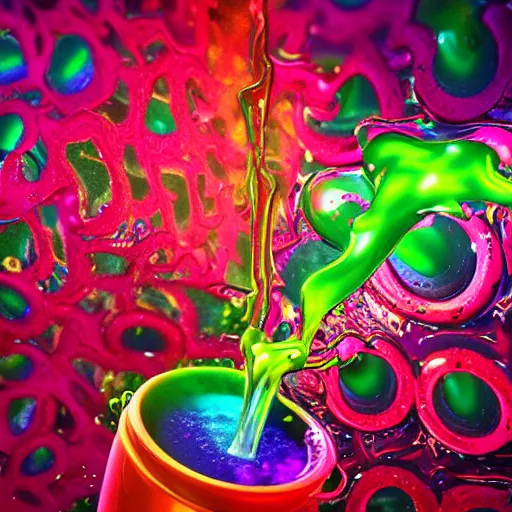 Image similar to cherry limeade smoothie drip explosion, intricate complexity, surreal horror, psychedelic glitch art, neon rainbow drip paint, trending on art station, photoreal, 8 k, octane render