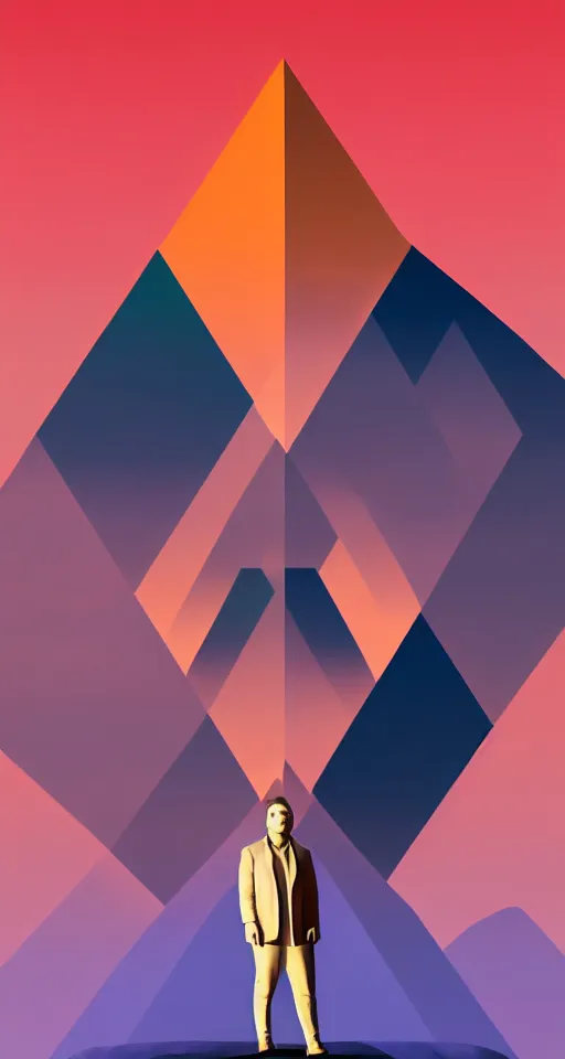 Prompt: portrait of elon musk as a geometric minimalist design, in the background there are isometric mountains with full moon behind the top, trending on artstation, cute digital art, monument valley