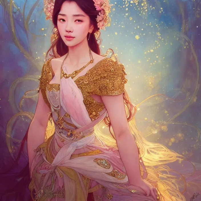 Image similar to asian princess with sparkling eyes, full body portrait, highly detailed, gold filigree, fantasy, soft cinematic lighting, award, disney concept art, watercolor illustration by mandy jurgens and alphonse mucha and alena aenami, pastel color palette, featured on artstation