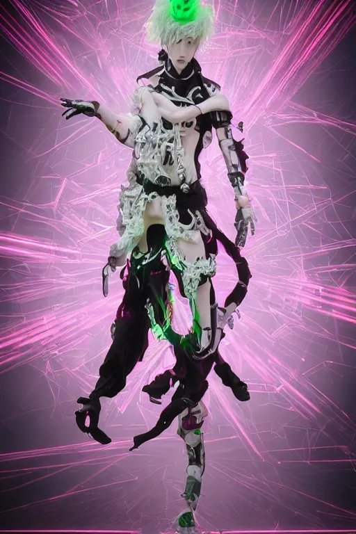 Image similar to full-body rococo and cyberpunk style quartz sculpture of a young handsome seductive japenese android ninja reaching for the sky, glowing pink laser eyes, crown of white gears and diamonds, swirling green-colored silk fabric. futuristic elements. full-length view. intricate artwork by caravaggio. Trending on artstation, octane render, cinematic lighting from the right, hyper realism, octane render, 8k, depth of field, 3D