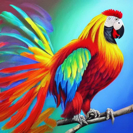 Prompt: parrot rooster hybrid mixed bird detailed luminescent oil painting 4 k