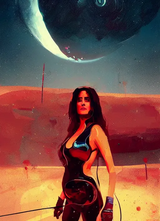 Prompt: sci - fi art, salma hayek as mars queen, red peaks in the background, art by ismail inceoglu