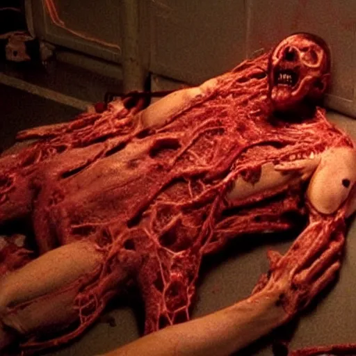 Image similar to scene from existenz, cinematic, a large box made out of human flesh, doom monster, electronic circuitry, skin, flesh!, blood, clumps of hair, lights, led, computer