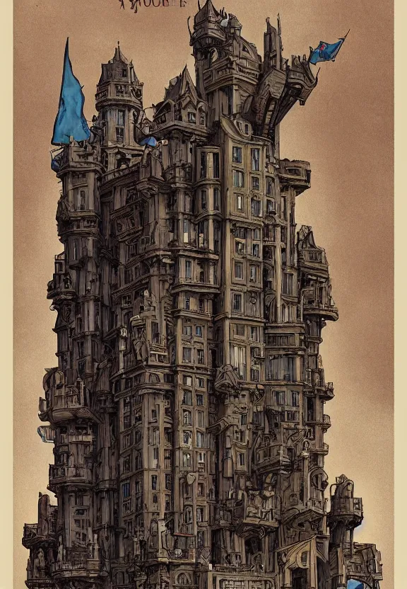 Image similar to [Art nouveau poster of a bunker adorned with gargoyles and checkered flags. Propaganda poster!, intricate, elegant, highly detailed, digital painting, artstation, concept art, matte, sharp focus, illustration, art by Enki Bilal and Moebius]