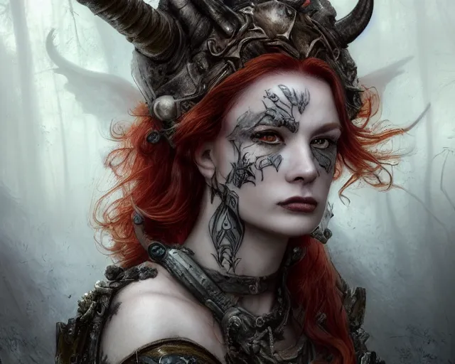 Prompt: 5 5 mm portrait photo of an armored gorgeous anesthetic redhead woman warrior with a face tattoo and horns growing from her head and a gargoyle sitting on her shoulder, in a magical forest in the style of greg rutkowski. by luis royo. highly detailed 8 k. intricate. lifelike. soft light. nikon d 8 5 0. cinematic post - processing