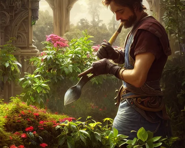 Image similar to photorealistic picture of a man gardening, deep focus, d & d, fantasy, intricate, elegant, highly detailed, digital painting, artstation, concept art, matte, sharp focus, illustration, hearthstone, art by artgerm and greg rutkowski and alphonse mucha