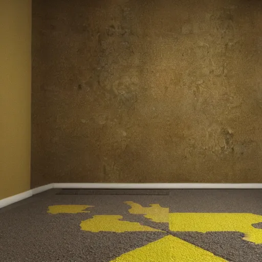 Image similar to 3 d render of jerma 9 8 5 in a liminal space, non - euclidean space, worn mono - yellow wallpaper, old moist carpet, inconsistently - placed fluorescent lighting, high octane, blender, 3 d render