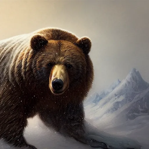 Image similar to highly detailed portrait of a bear in blizzard style, stephen bliss, unreal engine, greg rutkowski, ilya kuvshinov, ross draws, hyung tae and frank frazetta, tom bagshaw, tom whalen, nicoletta ceccoli, mark ryden, earl norem, global illumination, god rays