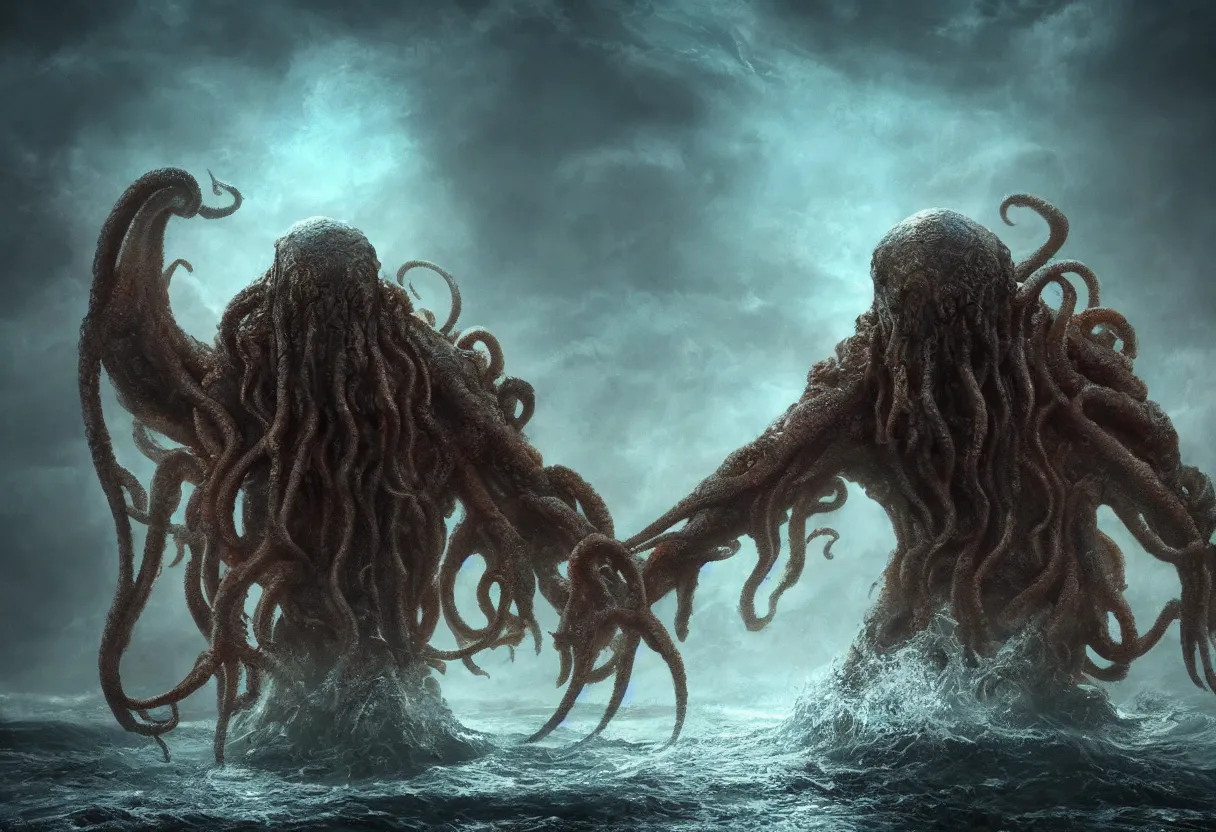 Image similar to concept art of cthulhu emerging from the ocean, omnious old photo, cinematic lighting, apocalyptic, atmospheric, hyper realism, realistic, octane render, dramatic lighting, highly detailed, cinematic