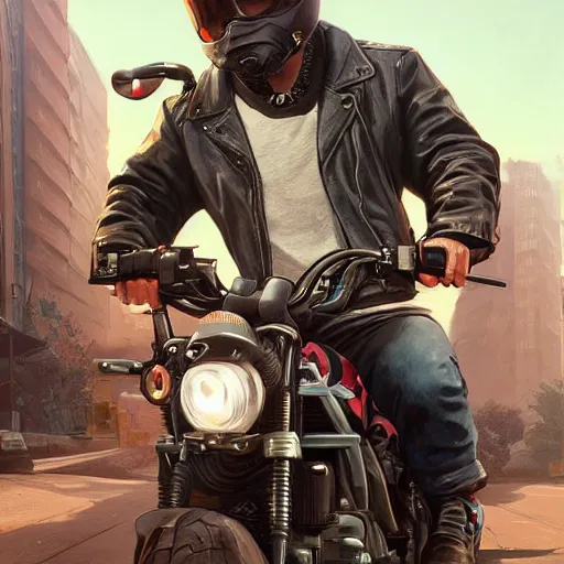 Image similar to highly detailed portrait of youngthank you very much a biker rabbit in gta v, stephen bliss, unreal engine, fantasy art by greg rutkowski, loish, rhads, ferdinand knab, makoto shinkai and lois van baarle, ilya kuvshinov, rossdraws, tom bagshaw, global illumination, radiant light, detailed and intricate environment