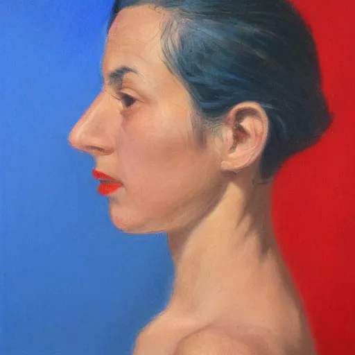 Prompt: profile portrait in peruvian realist style ( 1 9 5 4 ), ultramarine blue, venetian red, titanium white, modeled lighting, detailed, expressive, shadows
